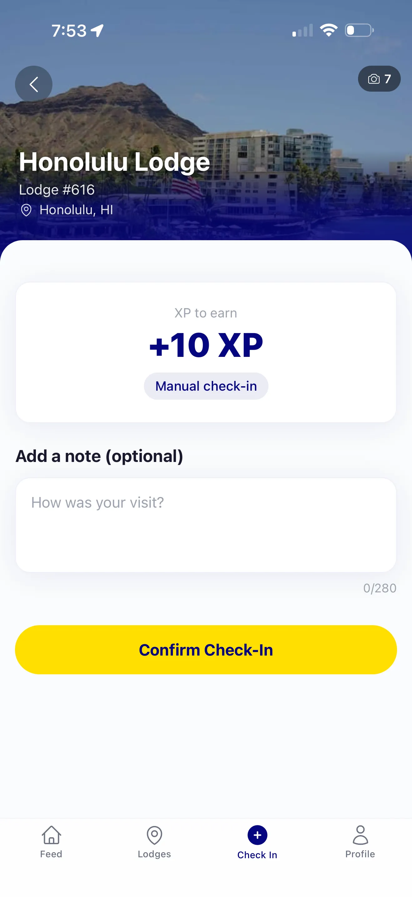 Check-in confirmation screen showing +10 XP earned
