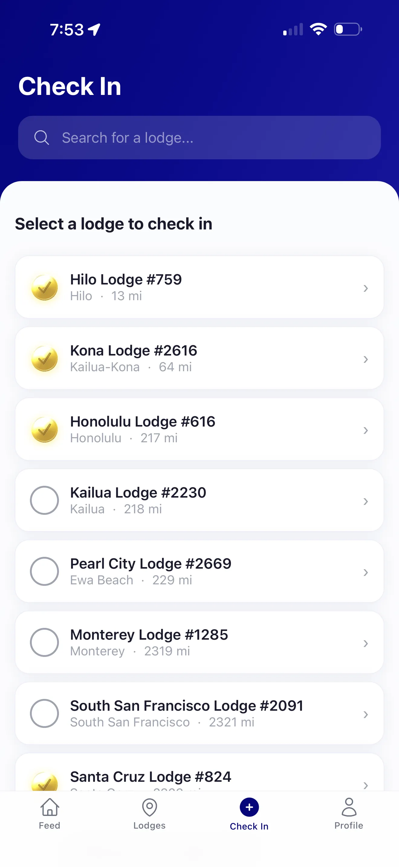 Lodge list sorted by proximity showing nearby lodges